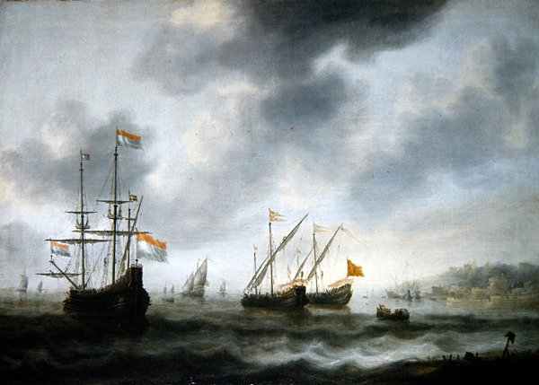 O navio de bandeira holandês De Roode Leeuw e Dois Navios Ingleses (óleo sobre tela) de Jacob Adriaensz. Bellevois