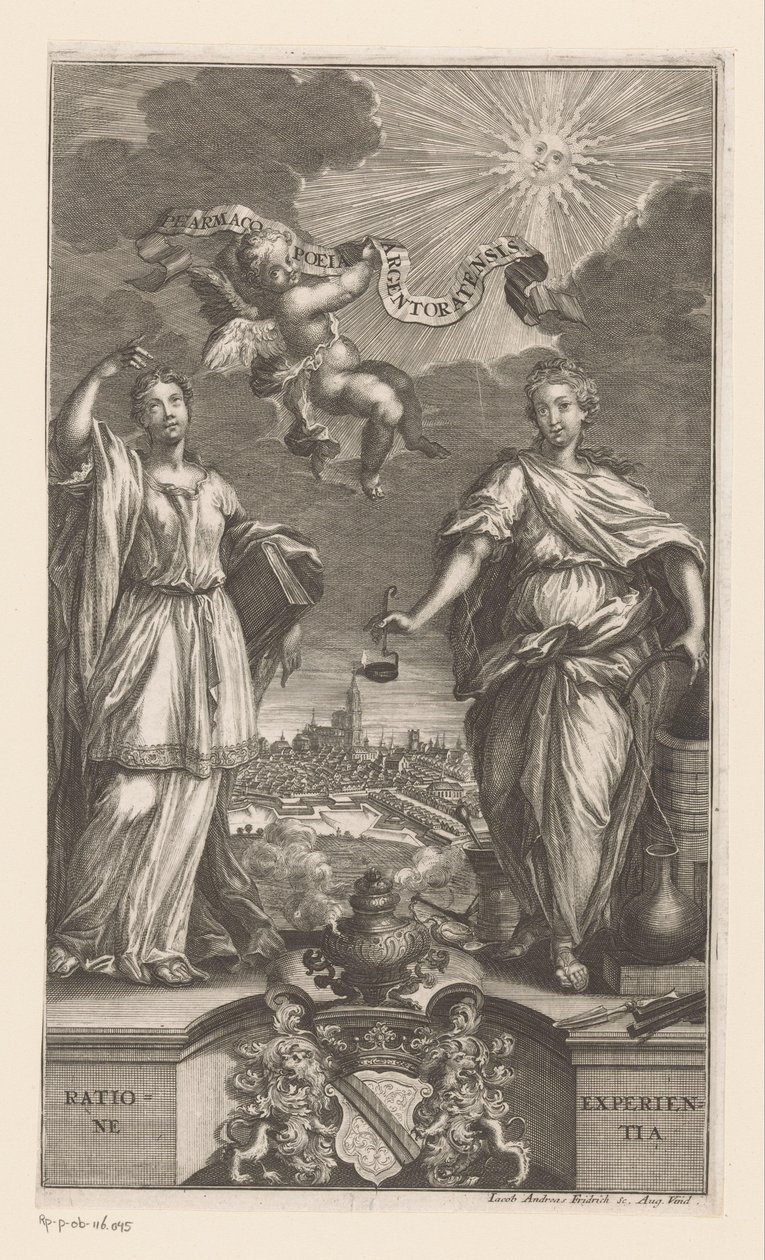 Alegoria da medicina em Estrasburgo
Pharmacopoeia Argentoratensis (título sobre o objecto) de Jacob Andreas Fridrich (I)