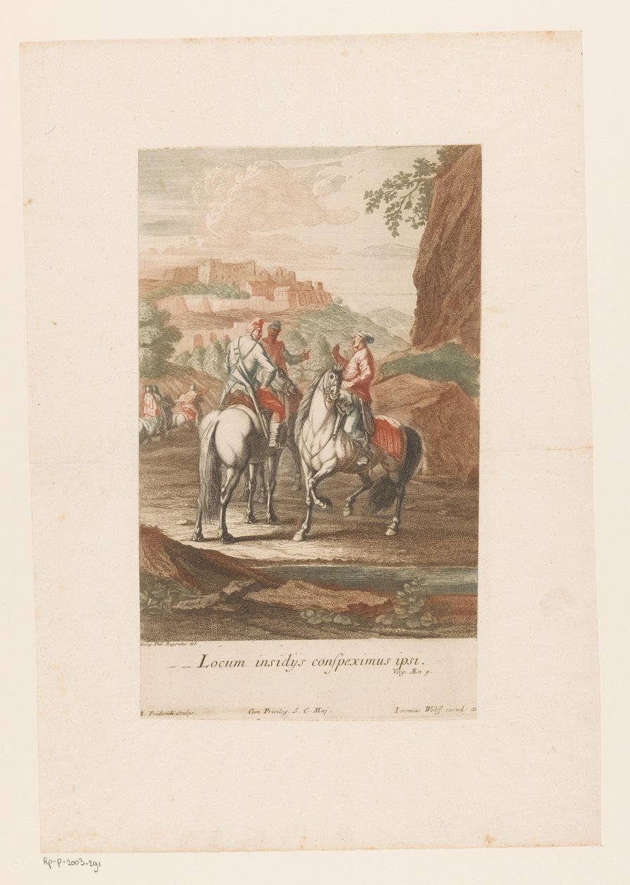 Os cavaleiros escolhem um bom local para a batalha Locum insidijs conspeximus ipsi (título no objeto) de Jacob Andreas Fridrich (I)