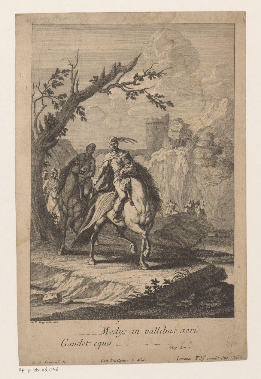 Cavaleiros de passagem pelo vale
Medijs in vallibus acri Gaudet equo (título sobre o objecto) de Jacob Andreas Fridrich (I)