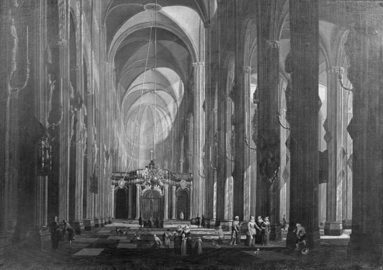 Interior de uma igreja católica de cinco corredores de Jacob Balthasar Peeters
