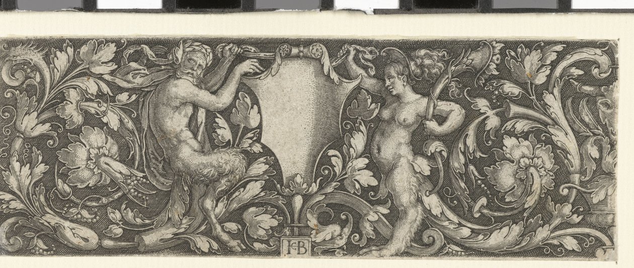 Friso com um escudo carregado por um sátiro masculino e feminino de Jacob Binck (signed by artist)