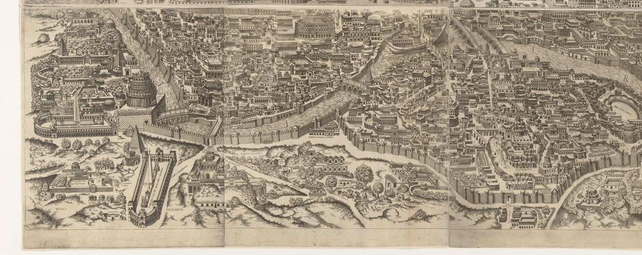 Mapa de Roma na época do Imperador Augusto (folha inferior)
Anteiquae urbis imago accuratissime ex vetusteis monumenteis formata
Effigies antiquae Romae ex vestigiis aedificiorum ruinis (...) de Jacob Bos