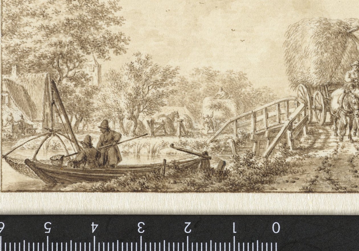 Paisagem com pescadores em um barco e opilião em uma ponte de Jacob  Cats