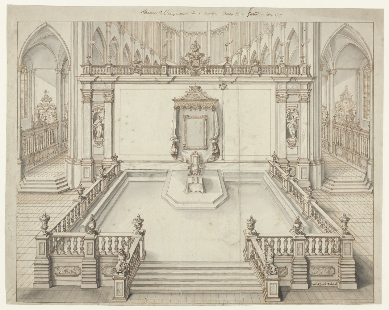 Sala do trono no St. Bavokerk em Ghent para a investidura de Carlos VI, imperador alemão, em 1717 de Jacob Colin
