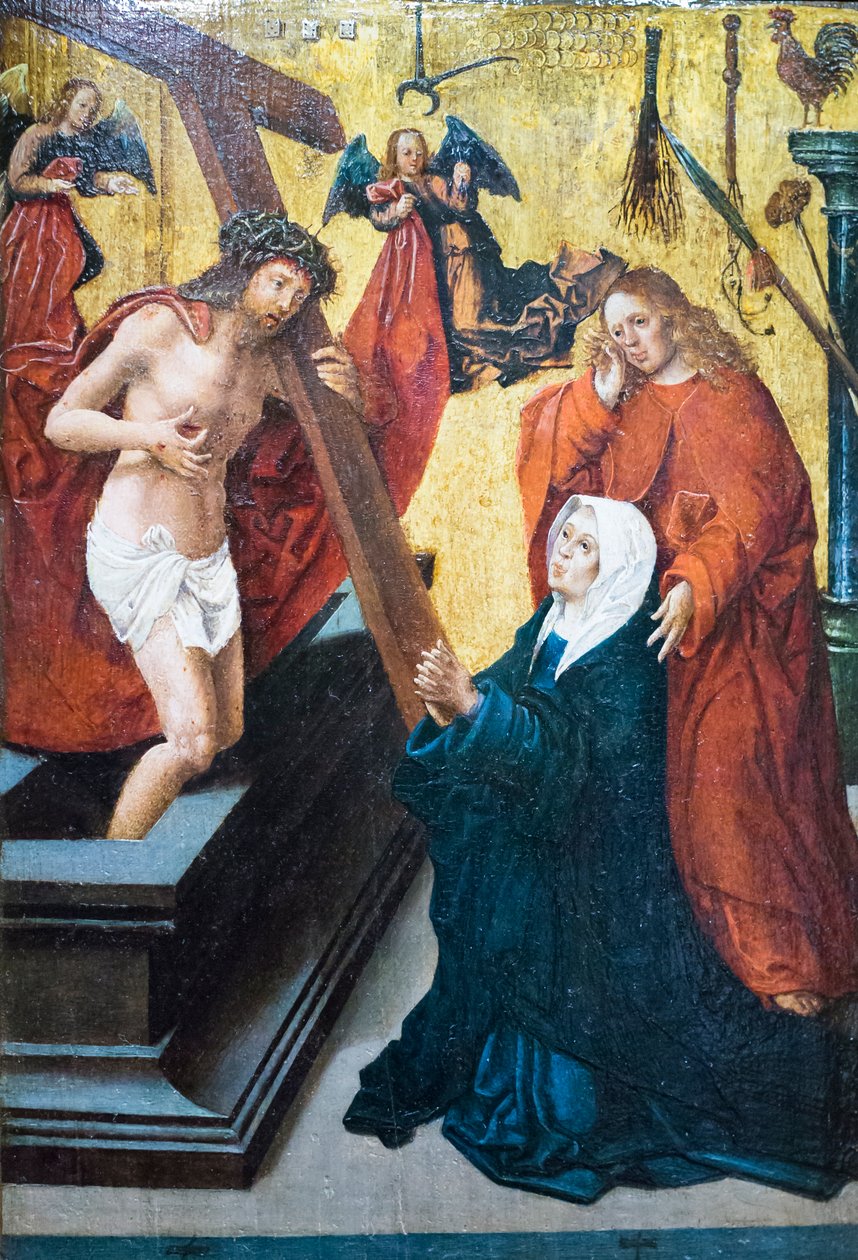 Cristo ressuscitado com o símbolo da paixão aparecendo à Madonna e a São João Evangelista de Jacob Cornelisz van Oostsanen