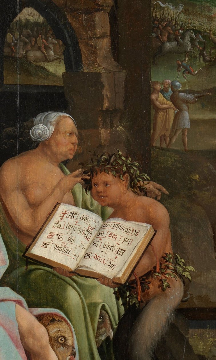 Saul e a bruxa de Endor. Detalhe: Grimoire, 1526 de Jacob Cornelisz van Oostsanen