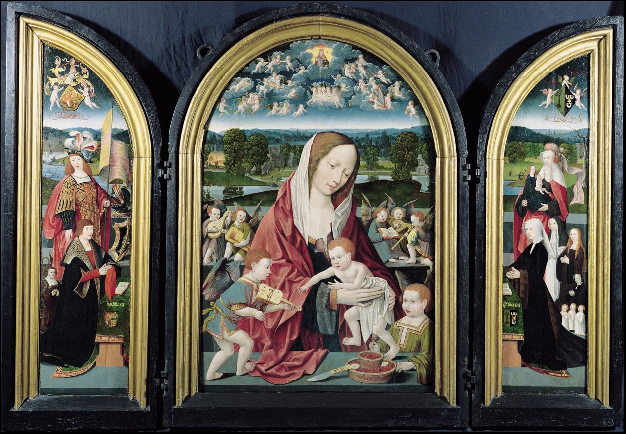 Virgem e Criança com Anjos Produtores de Música e a família Sampsons-Coolen, Triptych, 1500-1525 de Jacob Cornelisz van Oostsanen