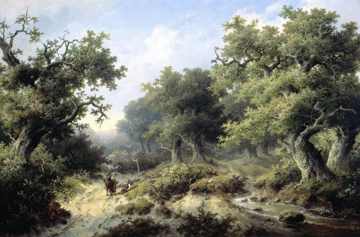 Paisagem da floresta com viajantes de Jacob Cremer