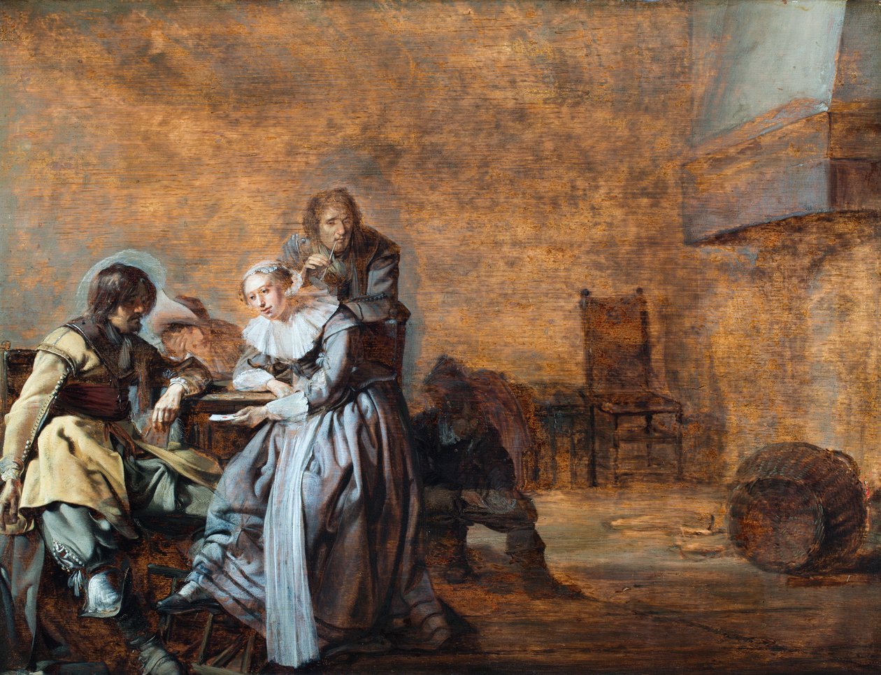 Um interior com cavaleiros e uma mulher a jogar às cartas (óleo sobre painel) de Jacob Duck