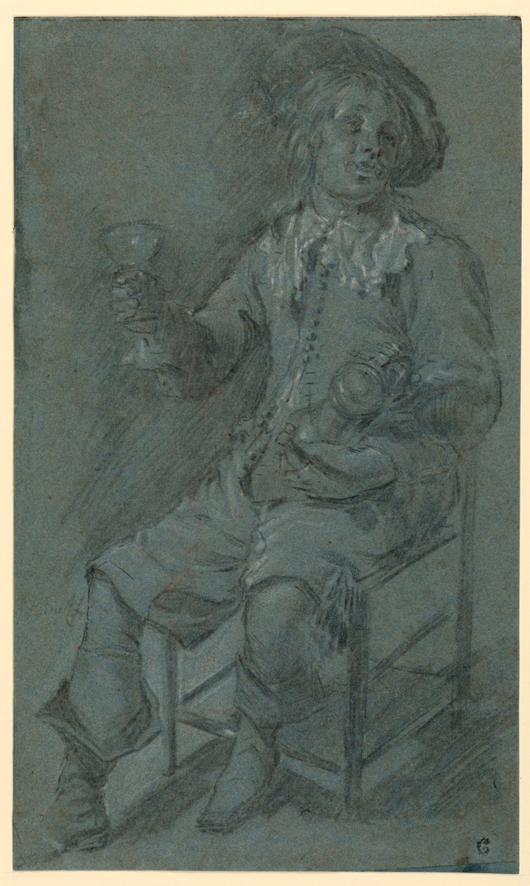 Desenho, Cavaleiro sentado com copo de vinho, 1650-60 de Jacob Duck