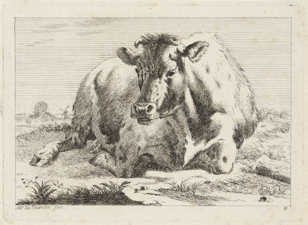 Vaca reclinada
Seis estampas após desenhos de vários mestres (título da série) de Jacob Elias van Varelen