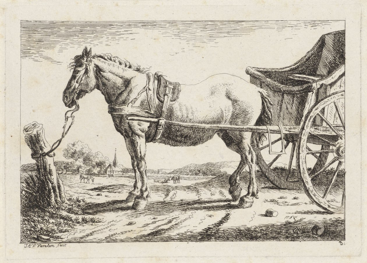 Cavalo em pé, engatado na frente de uma carruagem Seis gravuras após desenhos de vários mestres (título da série) de Jacob Elias van Varelen