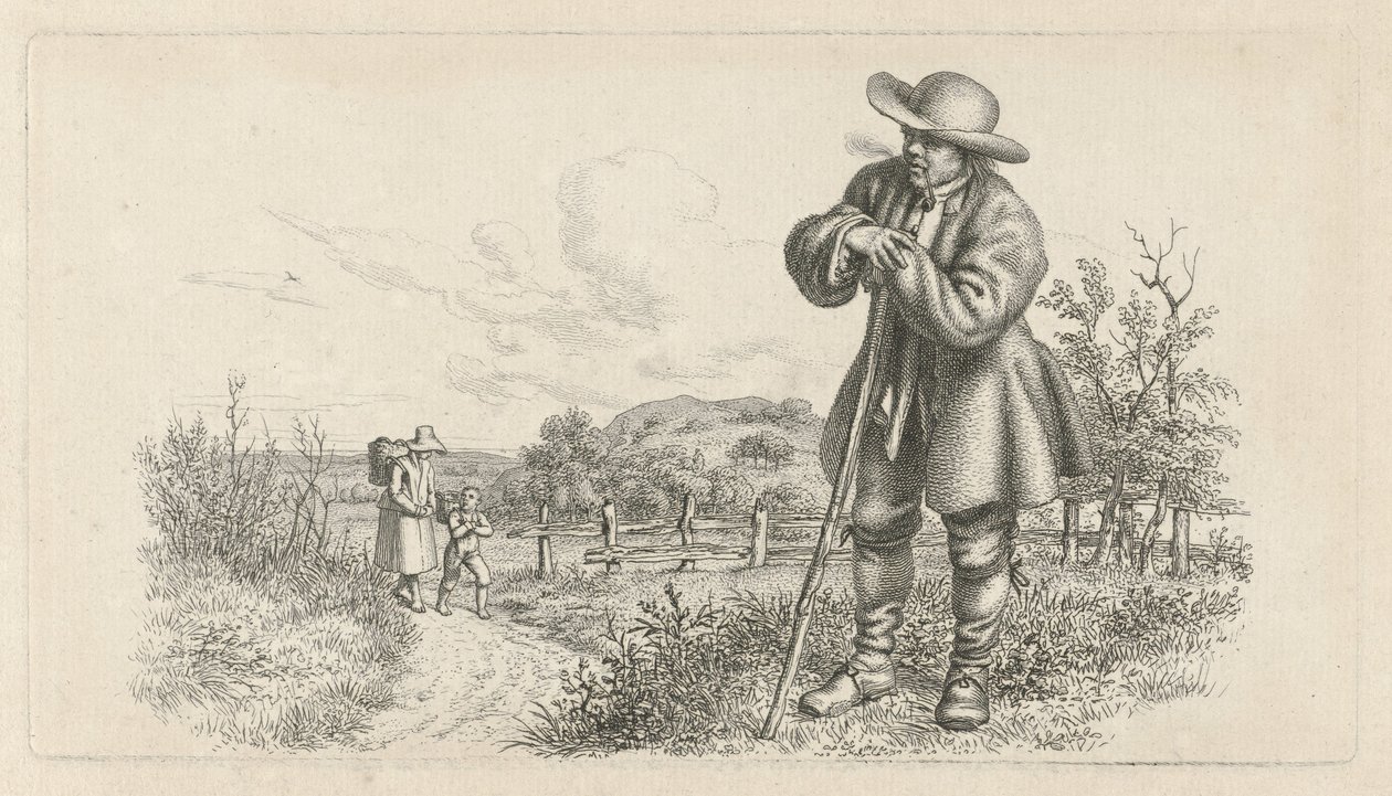 Homem encostado em uma vara e uma mulher com uma criança em uma estrada rural Impressões de estudo / Etudes gravées (título da série) de Jacob Ernst Marcus
