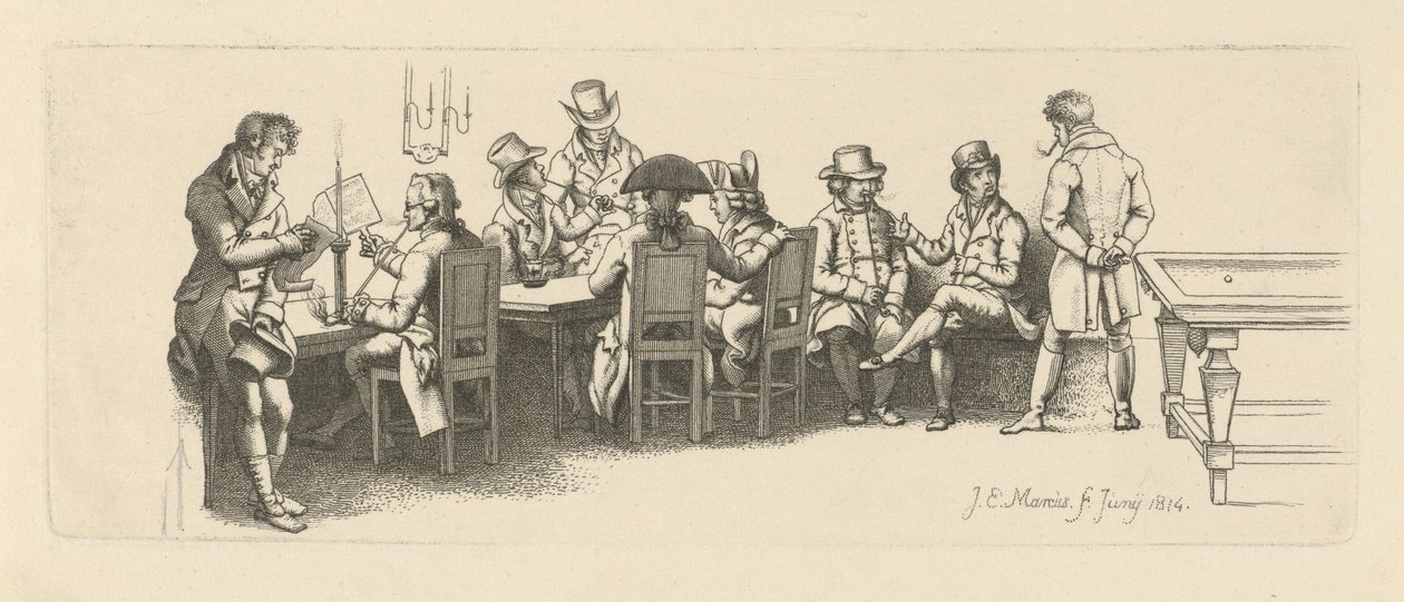 Homens em uma cafeteria com sala de bilhar, 1814 de Jacob Ernst Marcus