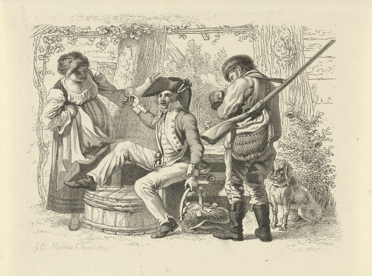 Soldado com vidro elevado entre uma mulher e um caçador
Trabalho de impressão de estudos / Etudes gravées (título da série) de Jacob Ernst Marcus