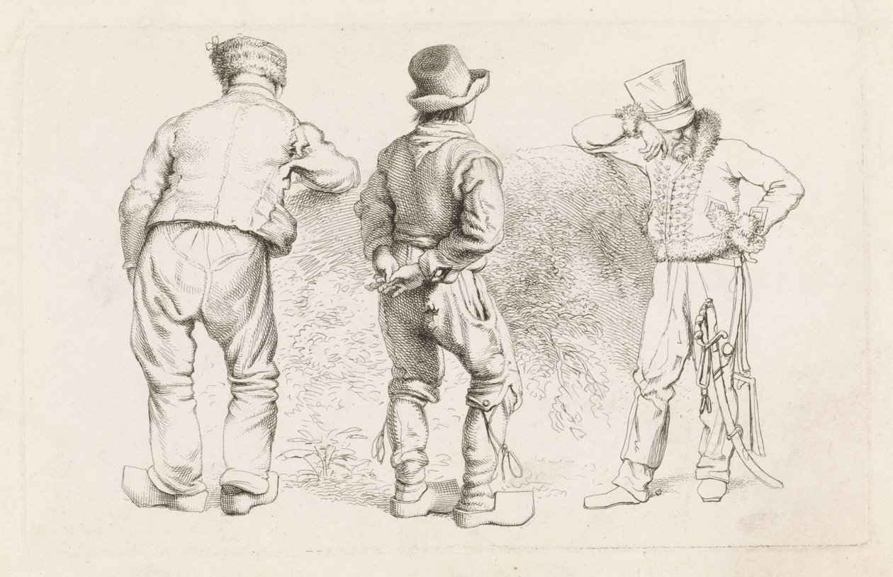Folha de estudo com três figuras em pé Etudes gravées (título da série) de Jacob Ernst Marcus