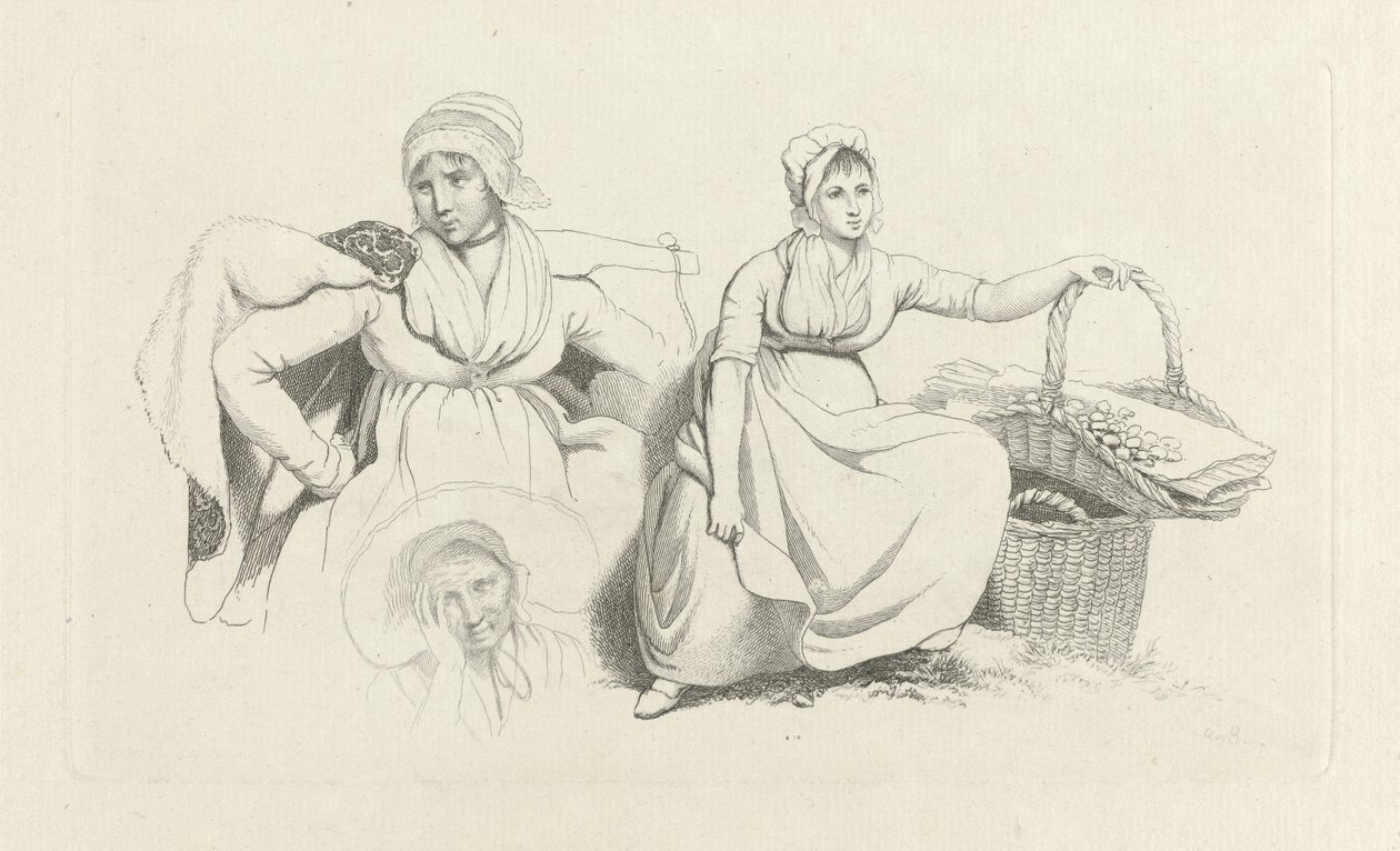 Folha de estudo com duas mulheres e uma cabeça
Gravura de estudo / Etudes gravées (título da série) de Jacob Ernst Marcus