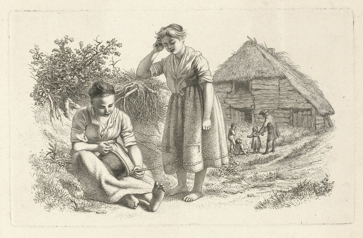 Duas mulheres e um homem com crianças na frente de um celeiro Impressões de estudo / Etudes gravées (título da série) de Jacob Ernst Marcus