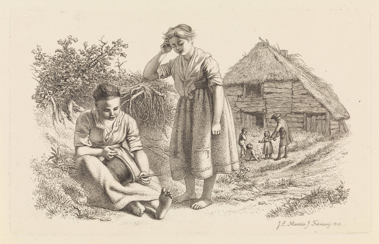 Duas mulheres e um homem com crianças na frente de um celeiro Impressões de estudo / Etudes gravées (título da série) de Jacob Ernst Marcus