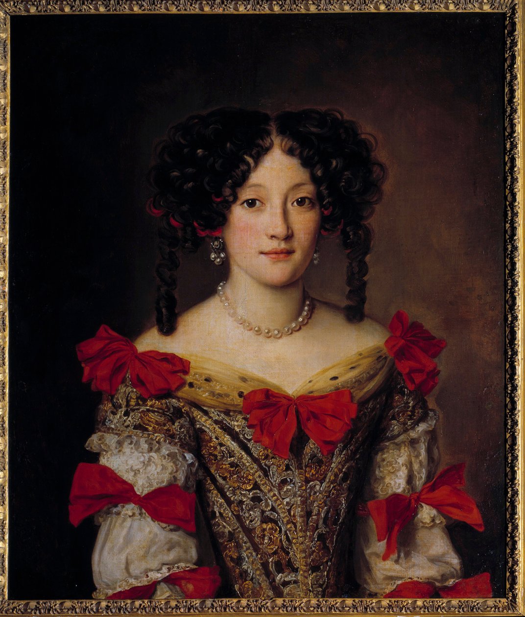 A moda flamenga do século XVII: "Retrato de uma mulher" Uma jovem vestida com um vestido de brocado e coberta com caracóis ingleses. Ela usa brincos e um colar de pérolas. Pintura de Jacob Ferdinand Voet (1639-1700) Sol do século XVII. 0,76x0,64 m Paris, M de Jacob Ferdinand Voet