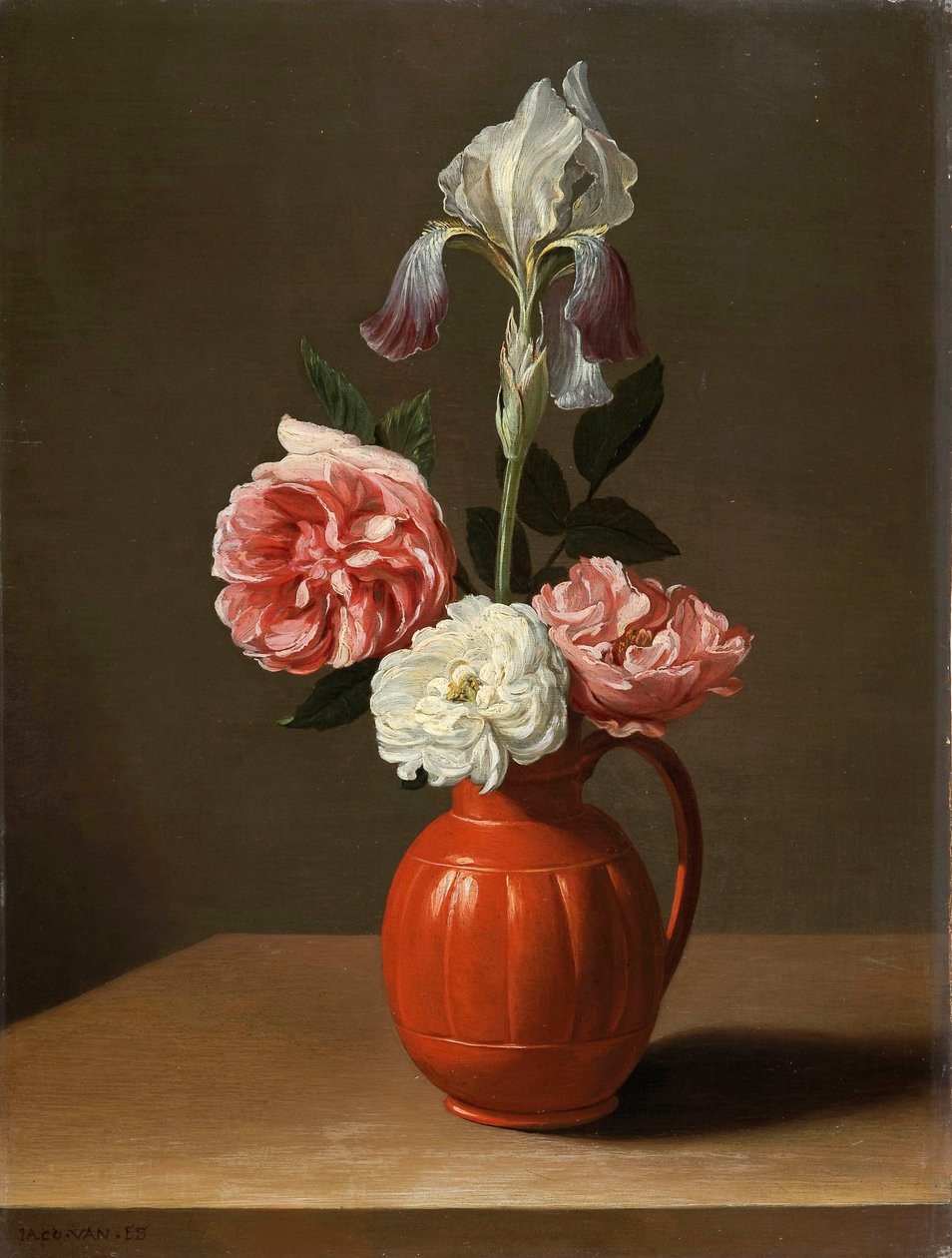 "Uma íris e três rosas num vaso de barro" Pintura de Jacob Foppens van Es (ca. 1596-1666), - Óleo sobre madeira, Dim 30x29 cm Fondation Custodia de Jacob  Foppens van Es