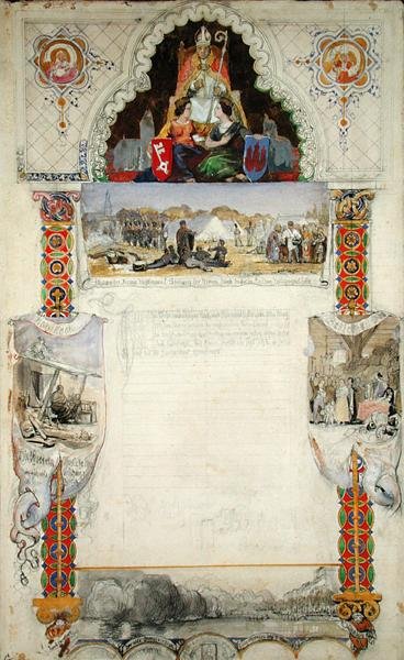 Design para um documento de agradecimento ao Bremen de Hamburgo, 1843 (lápis, caneta e tinta e wc no papel) de Jacob Gensler