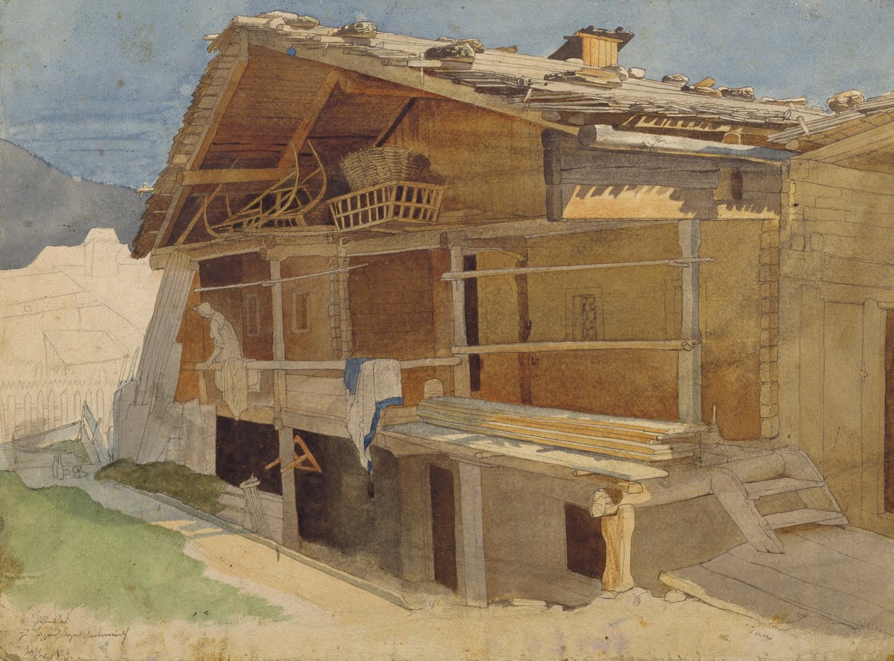 Farmhouse Under Construction, 1829 (caneta e tinta e wc no papel) de Jacob Gensler