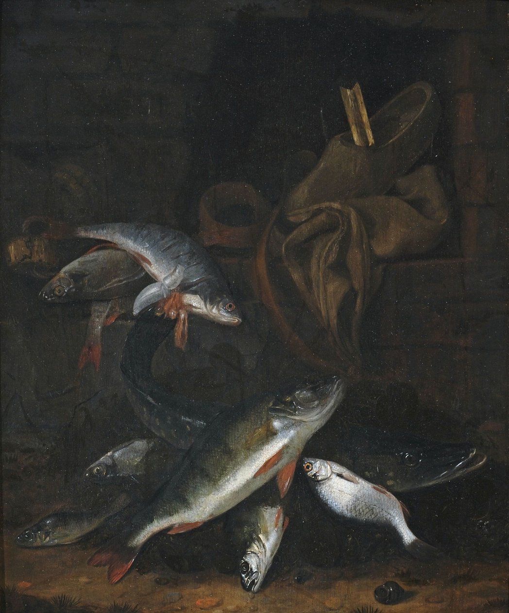 Natureza morta de peixe com lúcio e dourada numa parede de Jacob Gillig