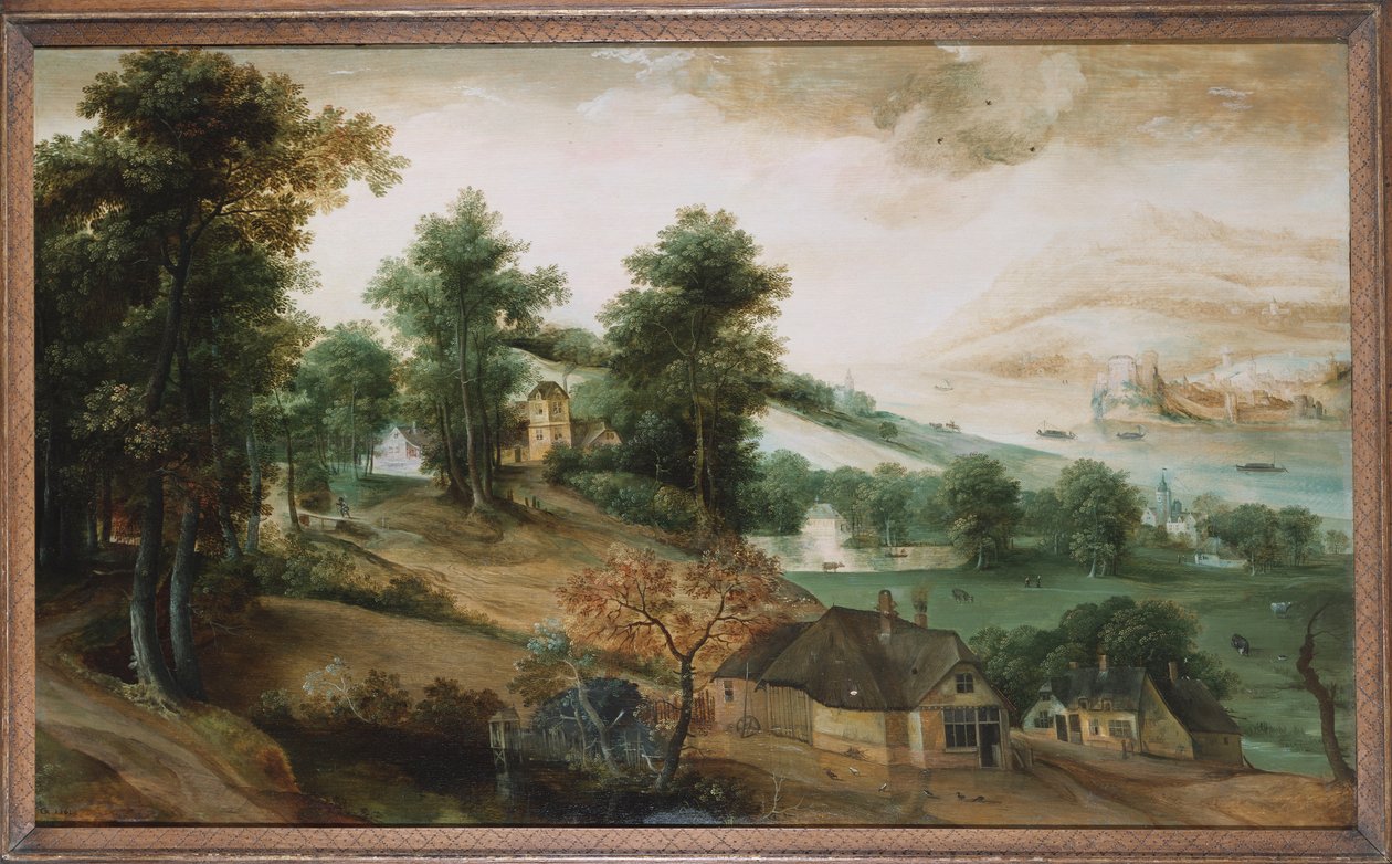 Uma paisagem extensa com chalés em primeiro plano, 1561 de Jacob Grimmer