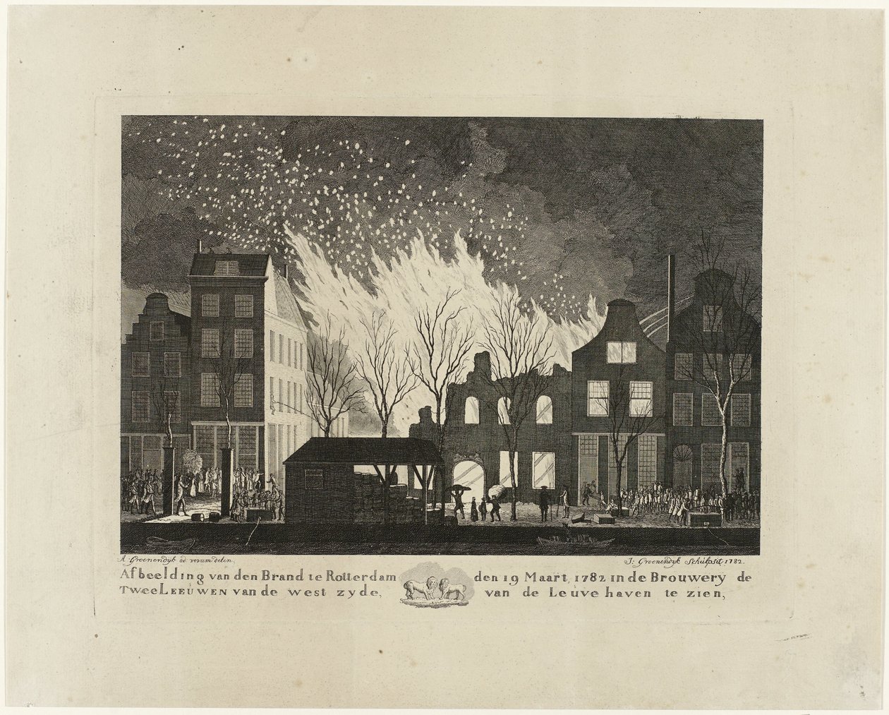 Incêndio na cervejaria De Twee Leeuwen em Rotterdam, 1782 Foto de den Brand em Rotterdam em 19 de março de 1782 no Brouwery de Twee Leeuwen do lado oeste de Leuvehaven (título no objeto) de Jacob Groenendijk