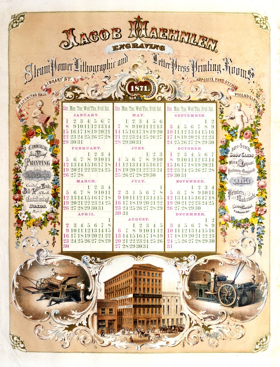 Jacob Haehlen Engravers - Calendário para 1871, 1871 (litografia) de Jacob Haehnlen