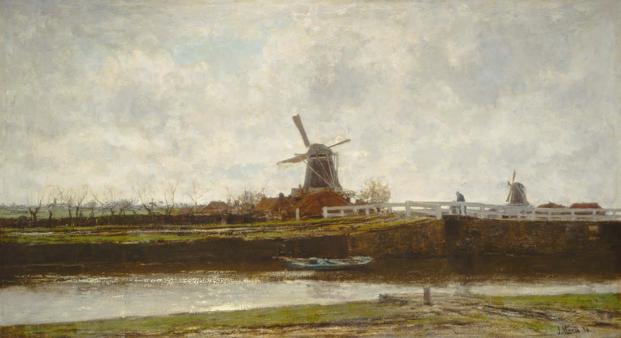 Vista do moinho e da ponte no Noordwest Buitensingel em Haia, 1873. de Jacob Henricus Maris