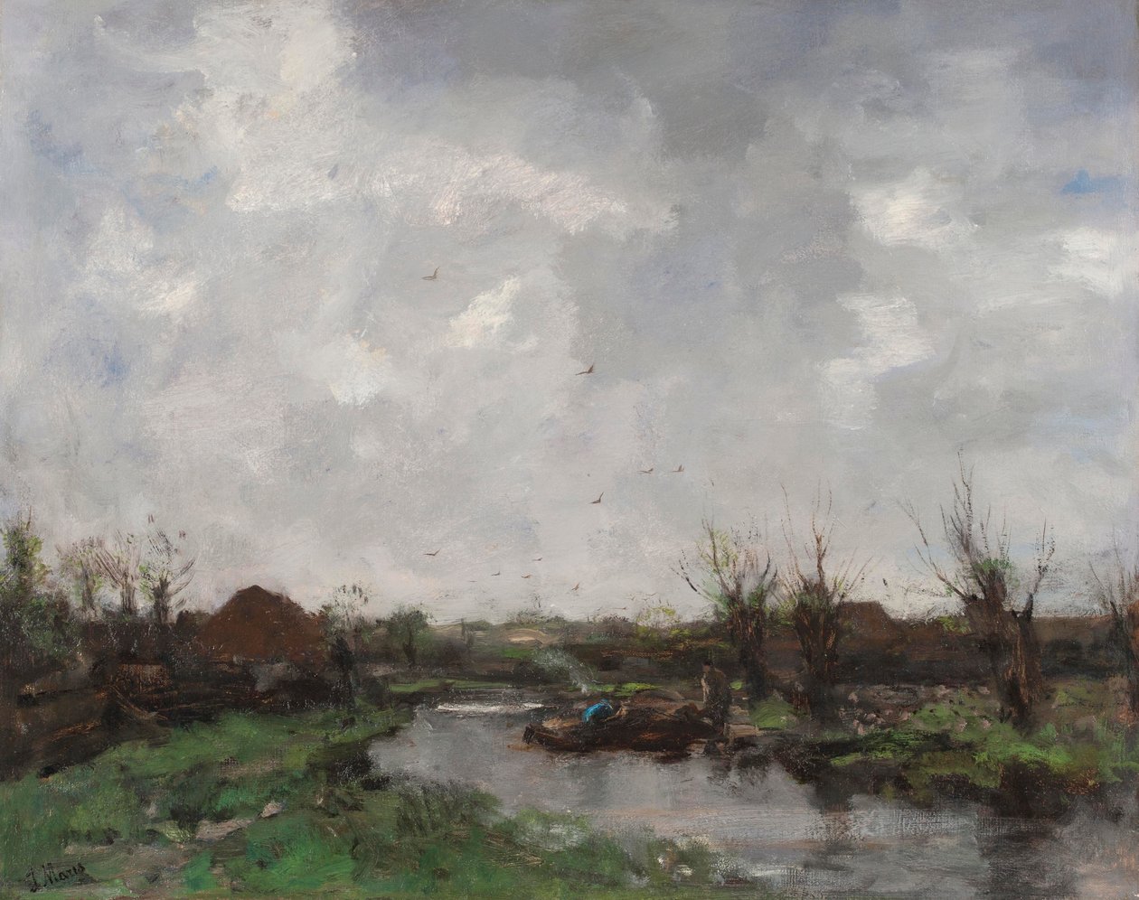 Uma paisagem do rio com casas de fazenda, final da década de 1870 de Jacob Henricus or Hendricus Maris