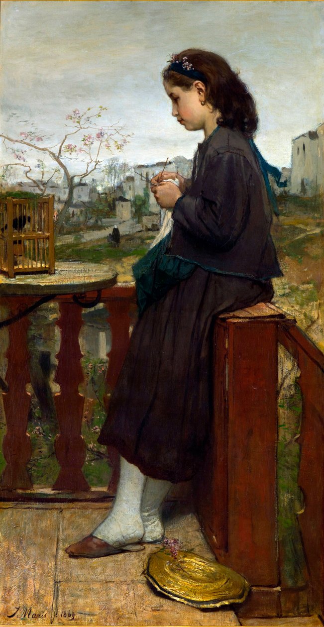 "Jeune fille tricotant sur un balcon, Montmartre, Paris" (Rapariga tricotando numa varanda, Montmartre) Peinture de Jacob Maris (1837-1899) - 1869 - Óleo sobre tela Dim 110x75,7 cm Gemeentemuseum Den Haag de Jacob Henricus or Hendricus Maris