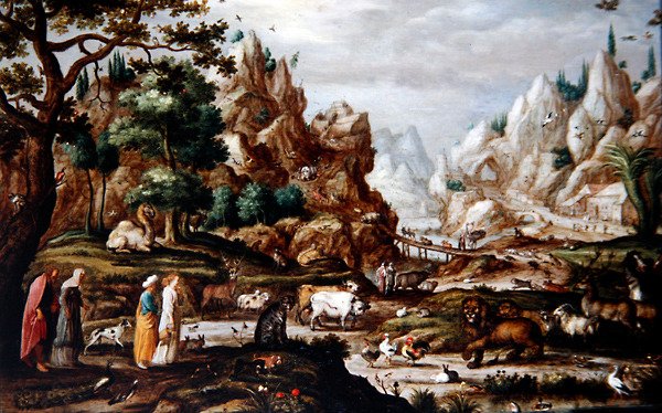 A Rocky Landscape with Noah and the Animals (óleo sobre painel) de Jacob II (circle of) Savery