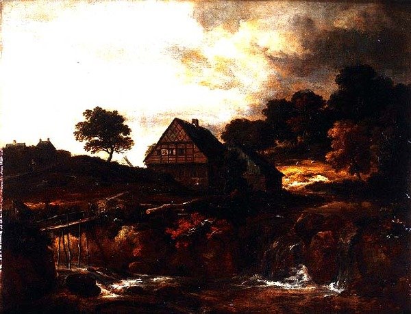 Paisagem arborizada com camponês em uma ponte sobre uma torrente de Jacob I. van (follower of) Ruisdael