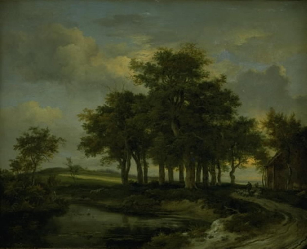 Carvalhos perto de uma estrada, noite de Jacob van Ruisdael