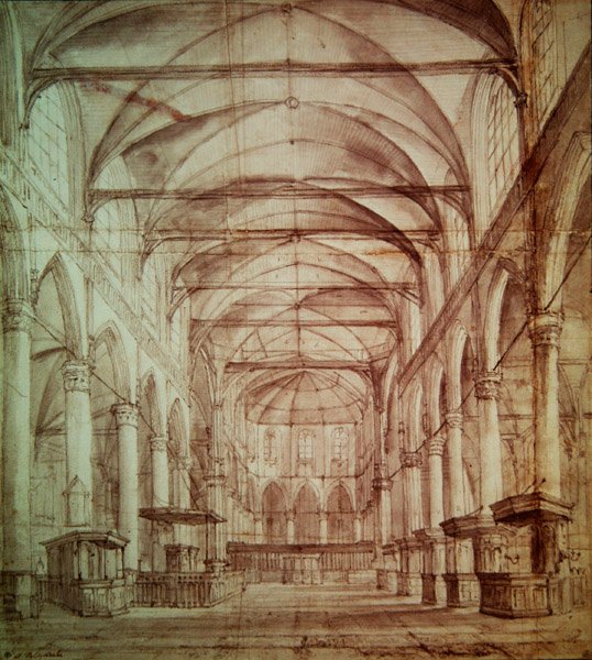 Vista interior do Oude Kerk (a antiga igreja) em Amesterdão (grafite e tinta indiana sobre papel) de Jacob van Ruisdael