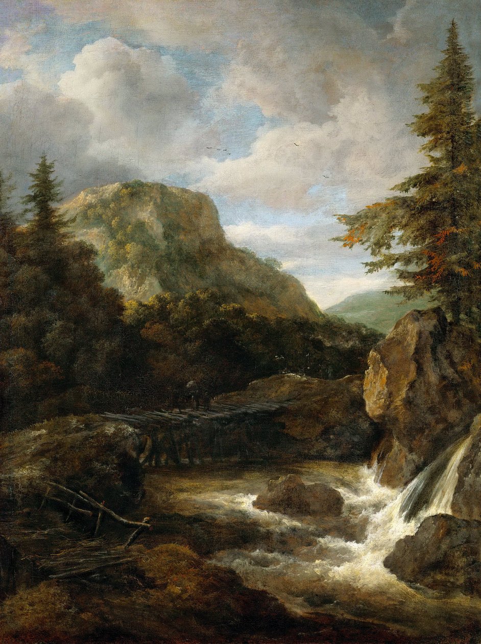 Paisagem de montanha com cascata - Jacob Isaacksz van Ruisdael (1628/29-1682). Óleo sobre tela, ca. 1675. Dimensão : 62,5x45,5 cm. Museu de História de Arte, Vienne de Jacob van Ruisdael