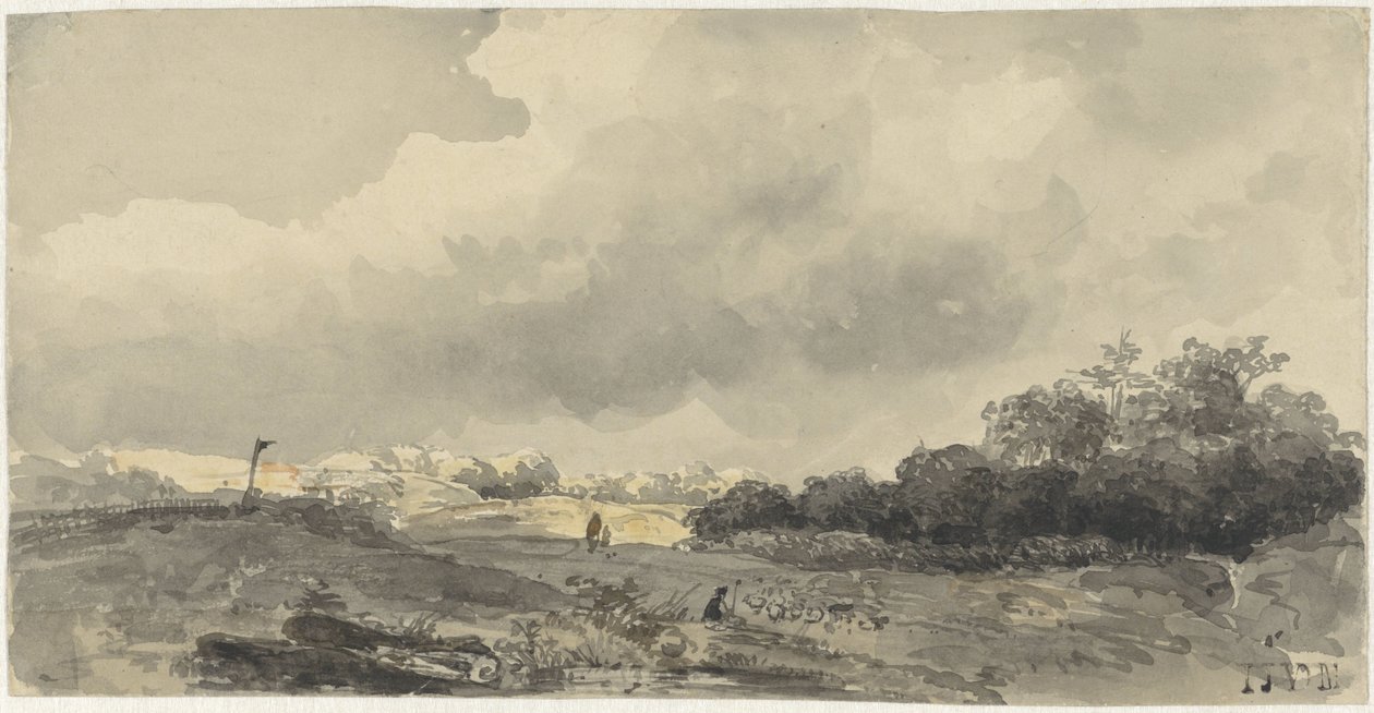 Paisagem com pastor sob céu nublado pesado de Jacob Jan van der Maaten
