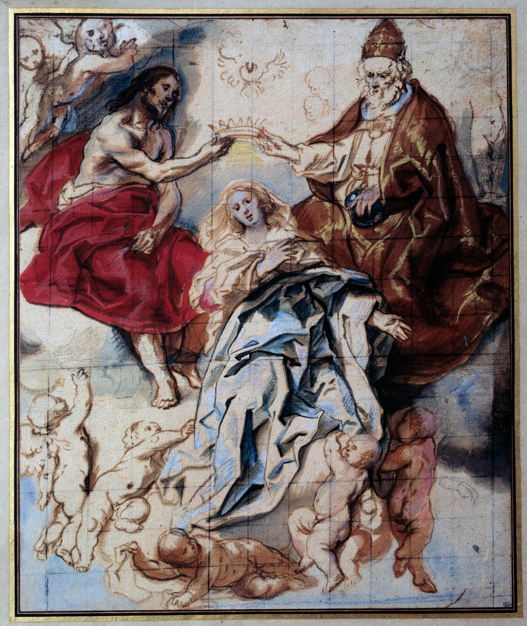 Coroação da Virgem pela Santíssima Trindade Aquarela e guache por Jacob Jordaens (1593-1678) Sol do século XVII. 0,46x0,38 m Paris, Musee du Louvre de Jacob Jordaens