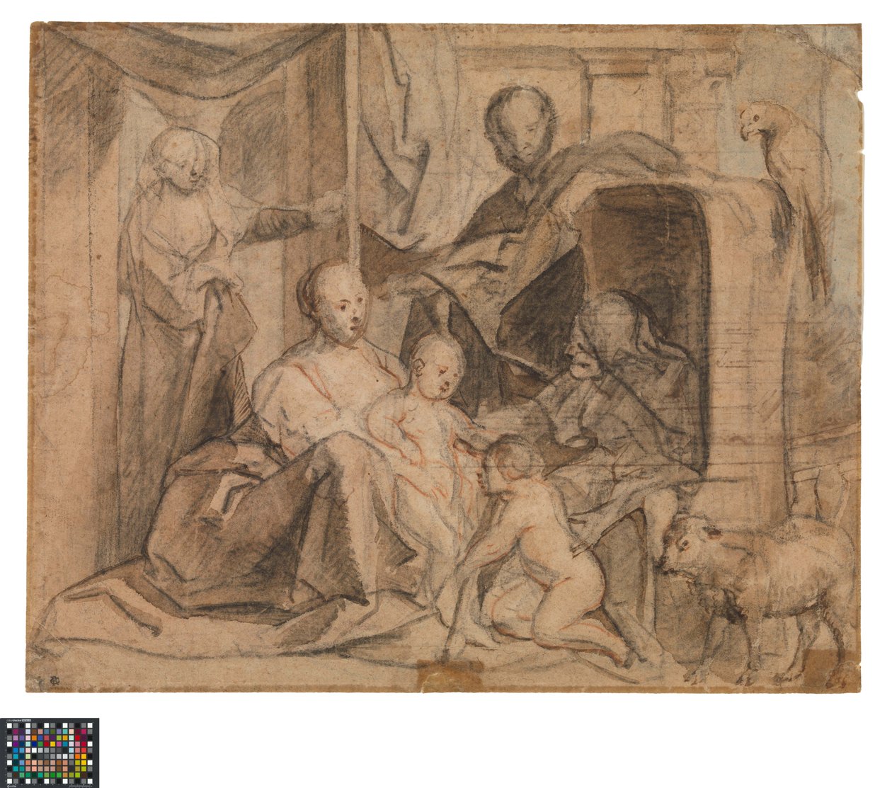 Alemão: The Holy Family with Elisabeth and St John the Baptist (back: door, doorway and Hermes)
Neerlandês: De Heilige Familie met Elisabeth en de kleine Johannes (keerzijde: Deur, deuropening en Hermes) de Jacob Jordaens