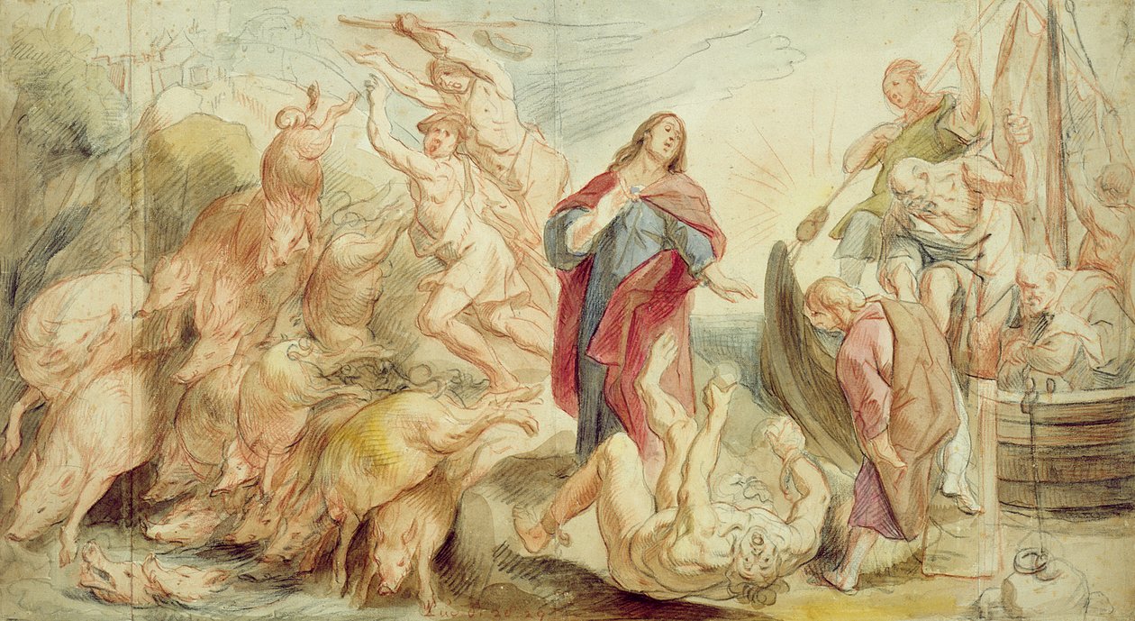 Jesus dirigindo o diabo do possesso (giz e wc no papel) de Jacob Jordaens