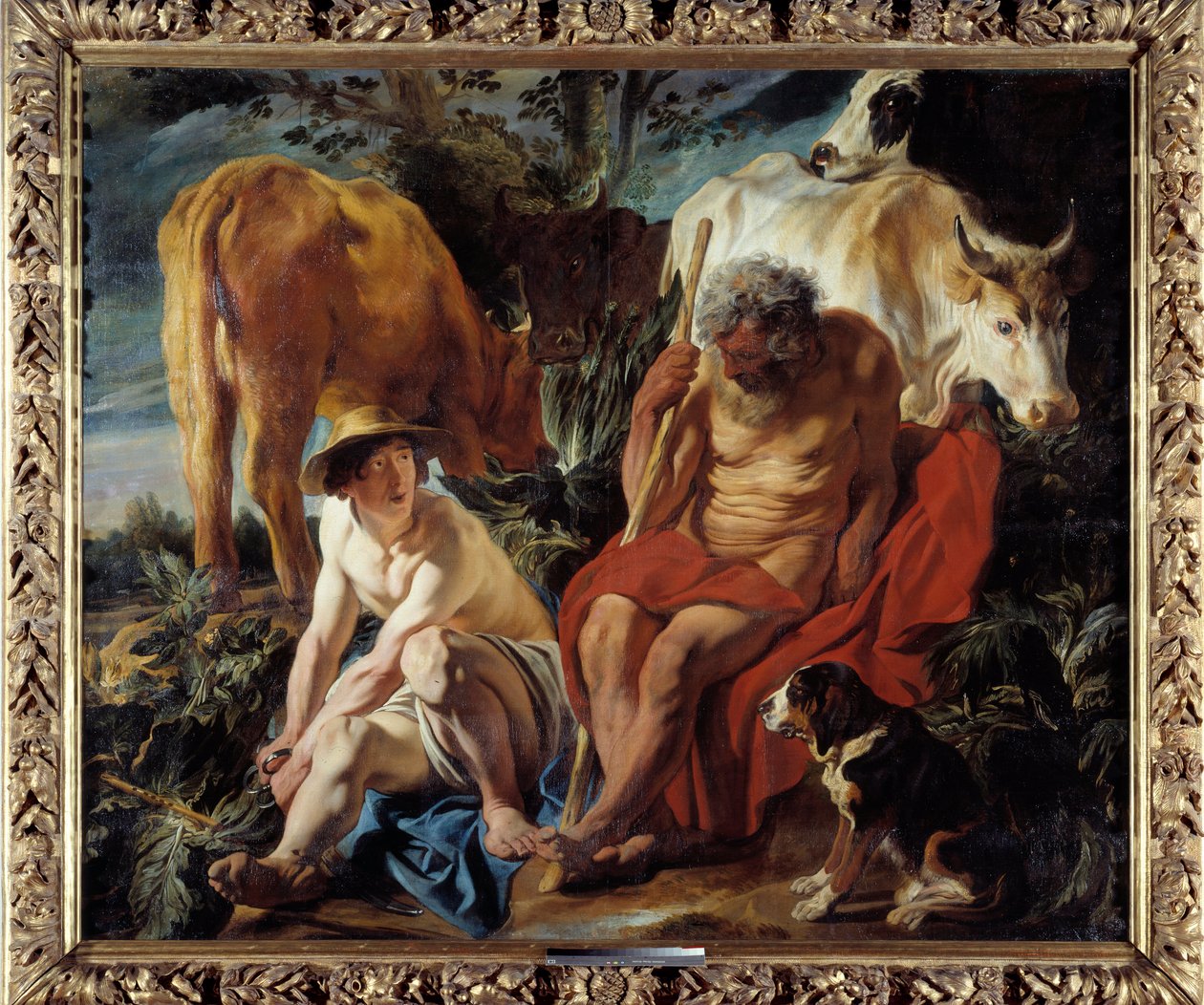 Mercúrio e Argus Mercúrio é acusado por Zeus de adormecer Argus, o guardião de Io, transformado em um genisse por Hera. Pintura de Jacob Joardaens (1593-1678) 1625 Sol. 2,02x2,41 m Lyon, Musee des Beaux Arts de Jacob Jordaens