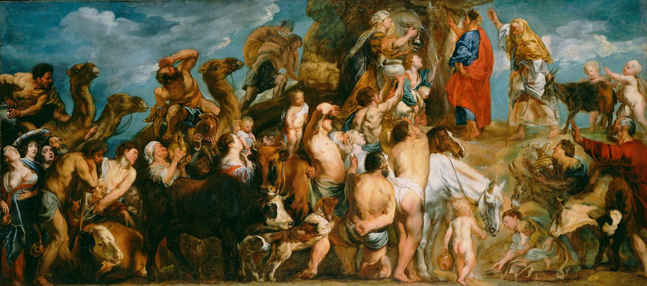 Moisés faz brotar água da rocha de Jacob Jordaens