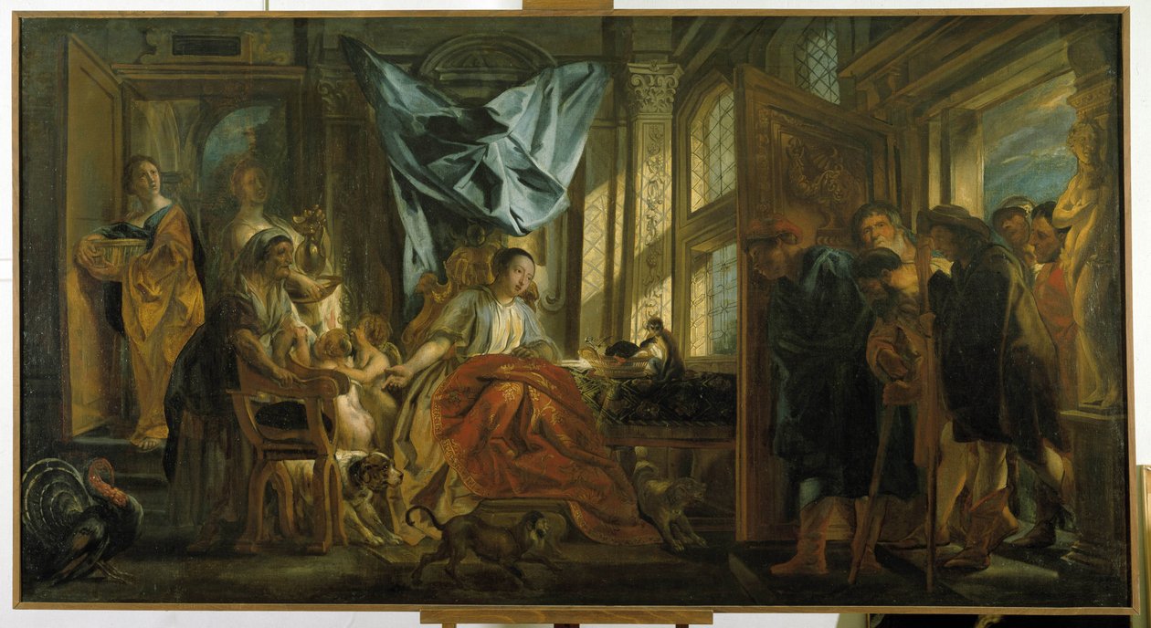 Penélope. A esposa de Ulisses à espera do marido repele os avanços de seus pretendentes e continua sua tapeçaria. pintura de Jacob Jordaens (1593-1678). Musee Granet, Aix en Provence. de Jacob Jordaens