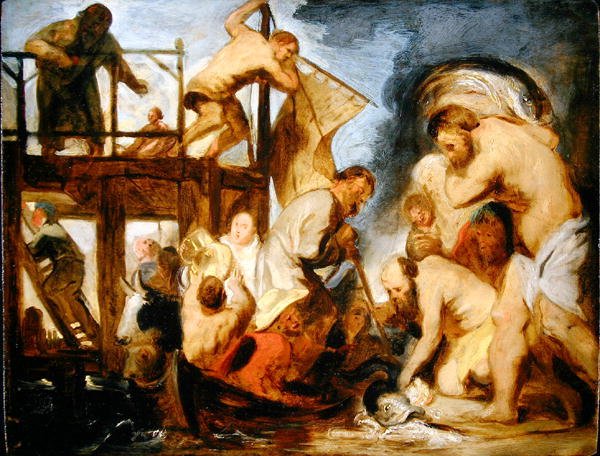 Esboço para São Pedro Encontrar o Dinheiro da Homenagem na Boca do Peixe (óleo no painel) de Jacob Jordaens