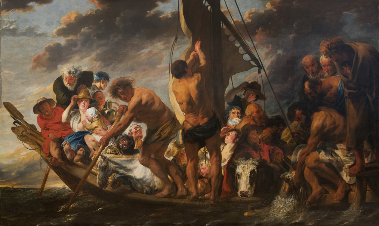 O Apóstolo Pedro Encontrando o Dinheiro do Tributo na Boca do Peixe. Também chamado de "The Ferry Boat to Antwerp", c. 1623 (óleo sobre tela) de Jacob Jordaens