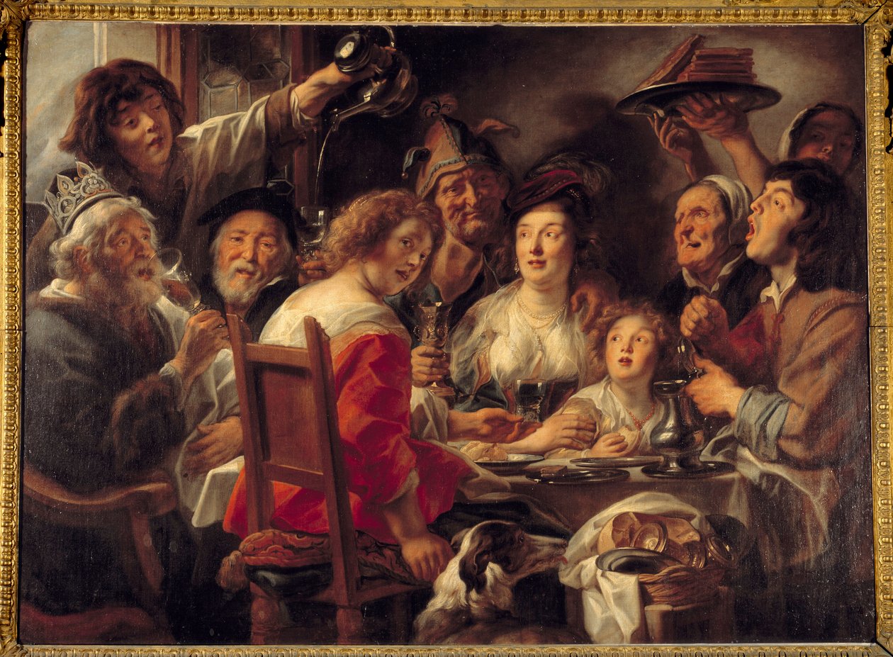 O rei bebe ou o sorteio da festa da epifania Pintura de Jacob Jordaens (1593-1678) (ec.flam.) Sol do século XVII. 1,52x2,04 m de Jacob Jordaens